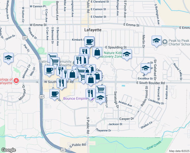 map of restaurants, bars, coffee shops, grocery stores, and more near 183 East South Boulder Road in Lafayette