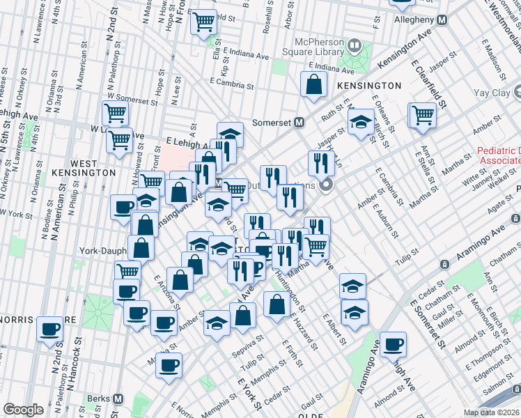 map of restaurants, bars, coffee shops, grocery stores, and more near 2633 Emerald Street in Philadelphia