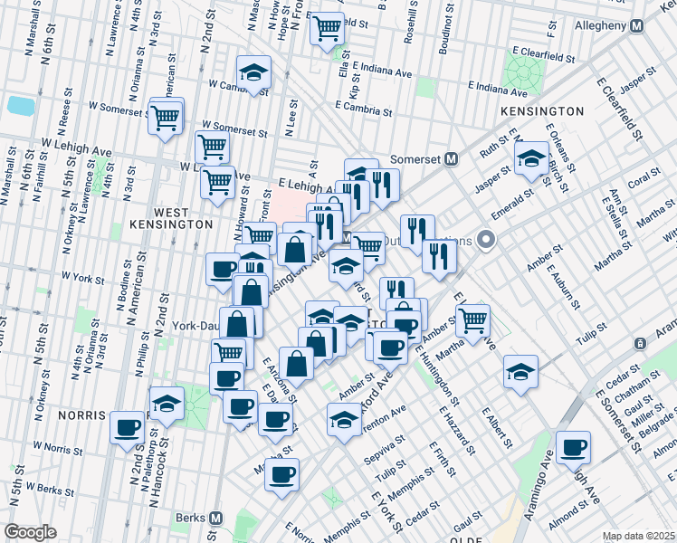 map of restaurants, bars, coffee shops, grocery stores, and more near 1831 East Sergeant Street in Philadelphia