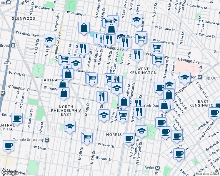 map of restaurants, bars, coffee shops, grocery stores, and more near 427 West York Street in Philadelphia