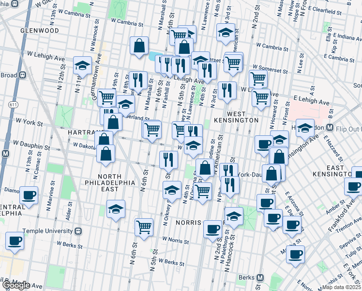 map of restaurants, bars, coffee shops, grocery stores, and more near 429 West York Street in Philadelphia