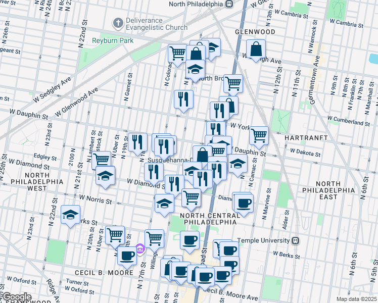 map of restaurants, bars, coffee shops, grocery stores, and more near 2244 North Sydenham Street in Philadelphia
