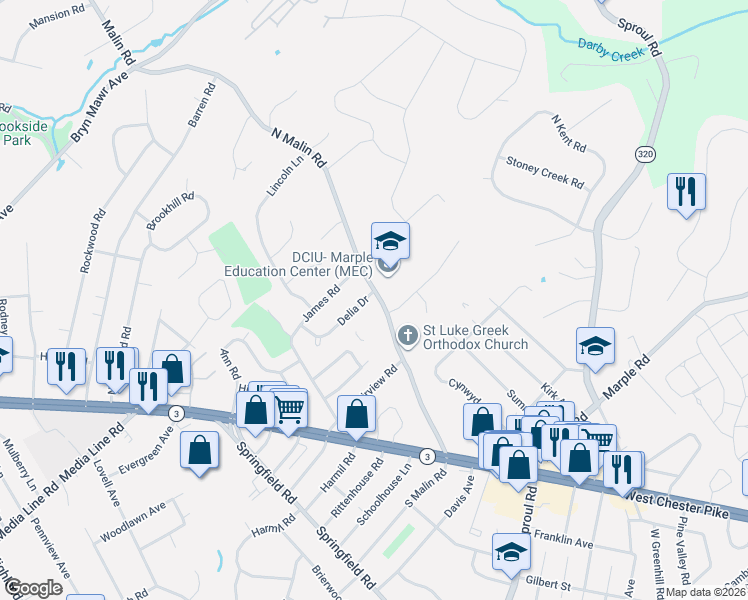 map of restaurants, bars, coffee shops, grocery stores, and more near 59-61 North Malin Road in Broomall