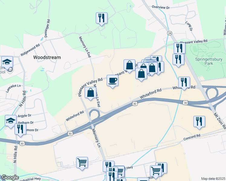 map of restaurants, bars, coffee shops, grocery stores, and more near 2610 Pleasant Valley Road in York