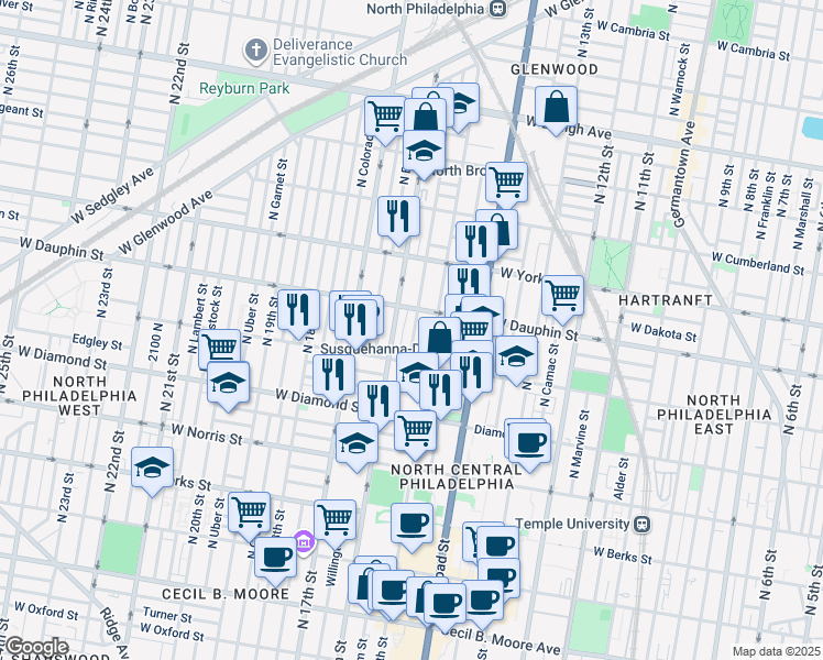 map of restaurants, bars, coffee shops, grocery stores, and more near 2244 North Sydenham Street in Philadelphia
