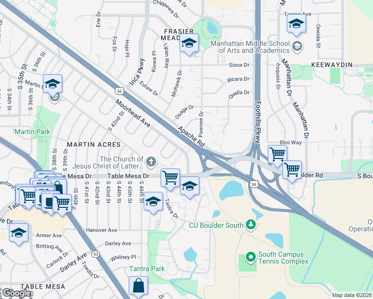 map of restaurants, bars, coffee shops, grocery stores, and more near 4955 Moorhead Avenue in Boulder