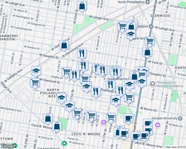 map of restaurants, bars, coffee shops, grocery stores, and more near 2139 North Uber Street in Philadelphia