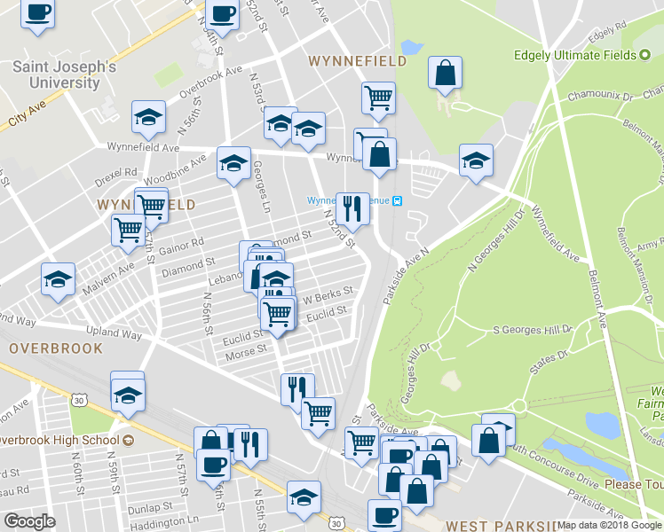 map of restaurants, bars, coffee shops, grocery stores, and more near 5249 Arlington Street in Philadelphia
