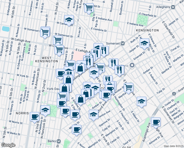 map of restaurants, bars, coffee shops, grocery stores, and more near 1831 East Sergeant Street in Philadelphia