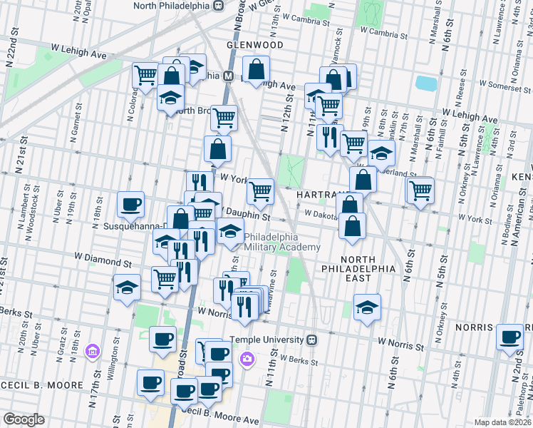 map of restaurants, bars, coffee shops, grocery stores, and more near 2304 North 12th Street in Philadelphia