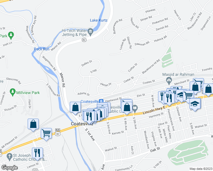 map of restaurants, bars, coffee shops, grocery stores, and more near 200 Harlan Drive in Coatesville