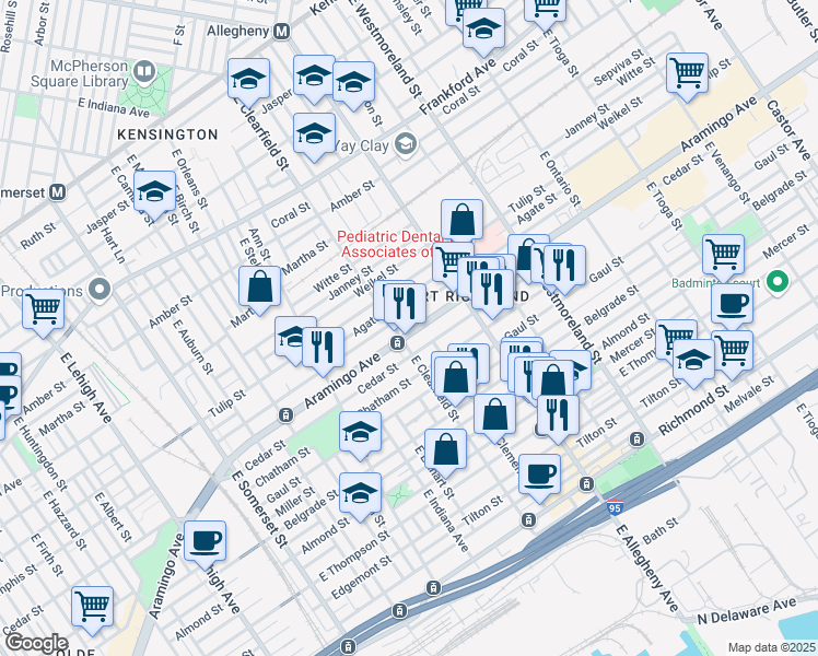 map of restaurants, bars, coffee shops, grocery stores, and more near 3114 Aramingo Avenue in Philadelphia