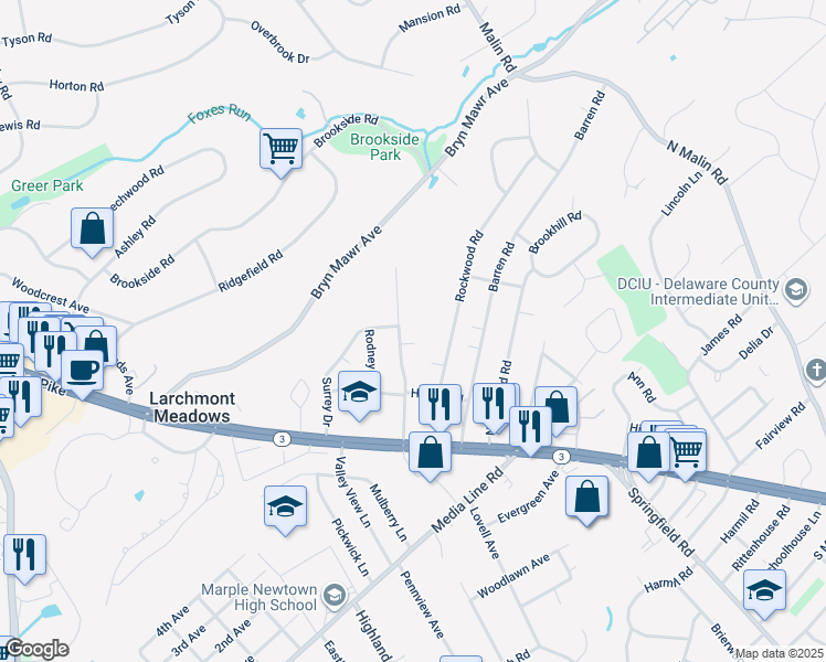 map of restaurants, bars, coffee shops, grocery stores, and more near 35 Radnor Drive in Newtown Square