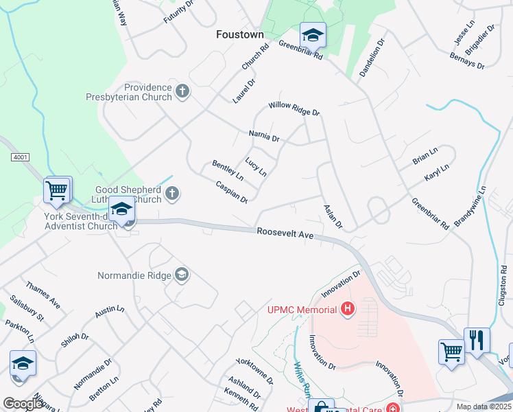 map of restaurants, bars, coffee shops, grocery stores, and more near 1112 Caspian Drive in York