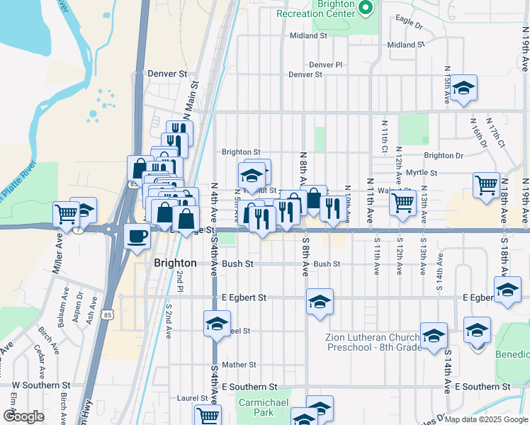 map of restaurants, bars, coffee shops, grocery stores, and more near 607 East Bridge Street in Brighton