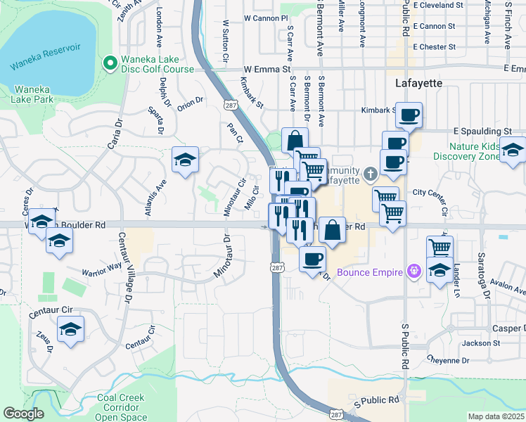 map of restaurants, bars, coffee shops, grocery stores, and more near in Lafayette
