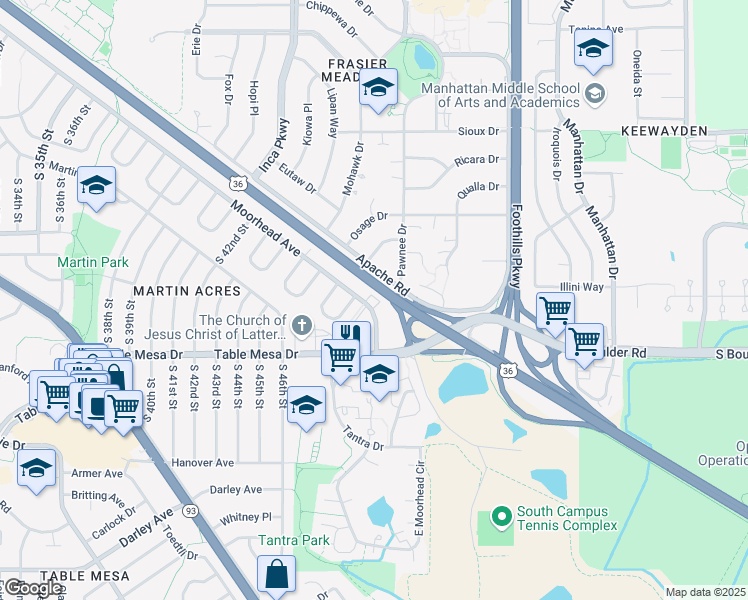 map of restaurants, bars, coffee shops, grocery stores, and more near 4990 Moorhead Avenue in Boulder