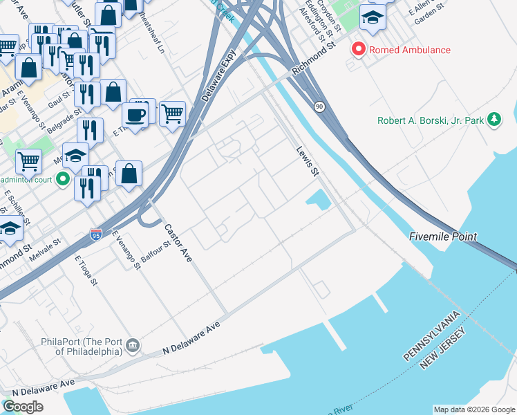 map of restaurants, bars, coffee shops, grocery stores, and more near 3001 Castor Avenue in Philadelphia