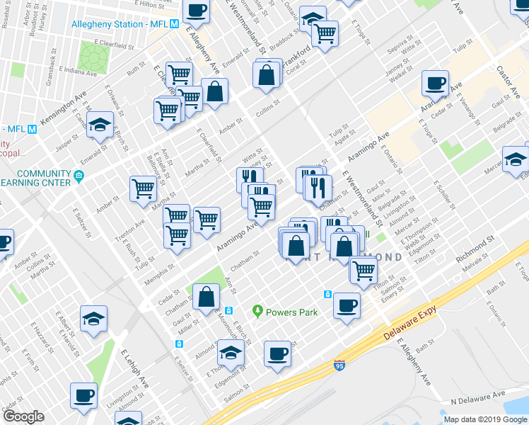 map of restaurants, bars, coffee shops, grocery stores, and more near 3104 Cedar Street in Philadelphia