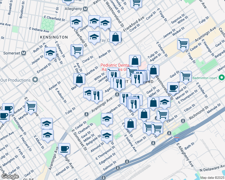 map of restaurants, bars, coffee shops, grocery stores, and more near 3086 Aramingo Avenue in Philadelphia