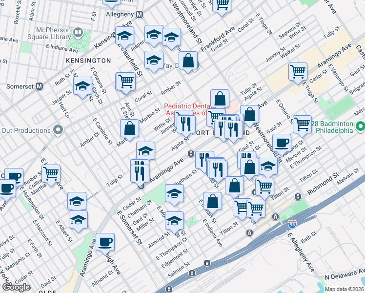 map of restaurants, bars, coffee shops, grocery stores, and more near 3086 Aramingo Avenue in Philadelphia