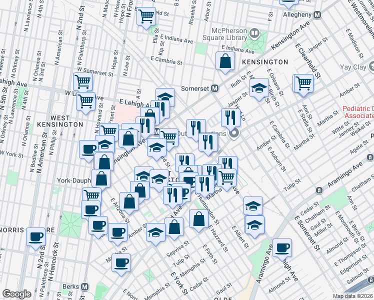 map of restaurants, bars, coffee shops, grocery stores, and more near 2633 Emerald Street in Philadelphia