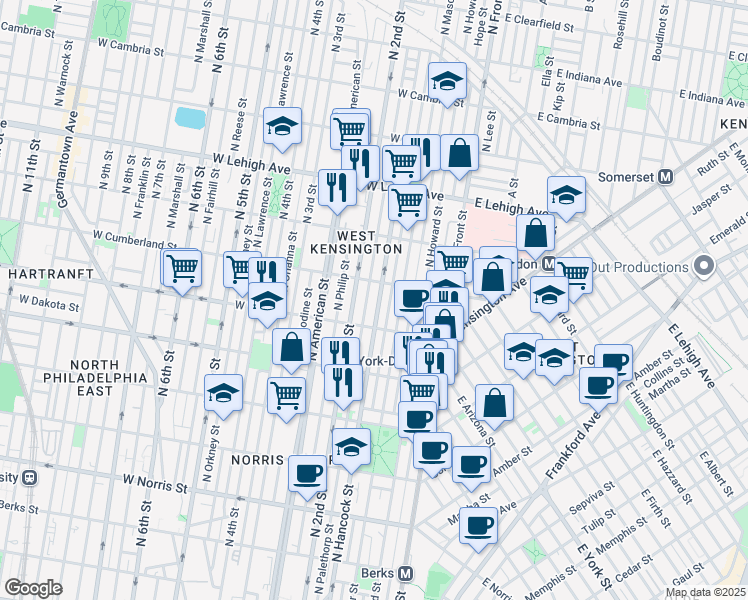 map of restaurants, bars, coffee shops, grocery stores, and more near 2406 North Hancock Street in Philadelphia