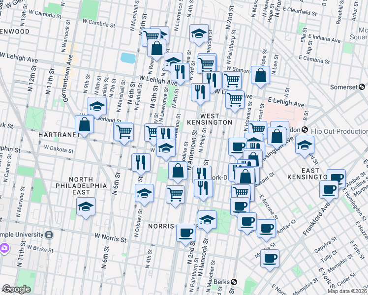 map of restaurants, bars, coffee shops, grocery stores, and more near 262 West York Street in Philadelphia