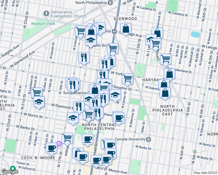 map of restaurants, bars, coffee shops, grocery stores, and more near in Philadelphia