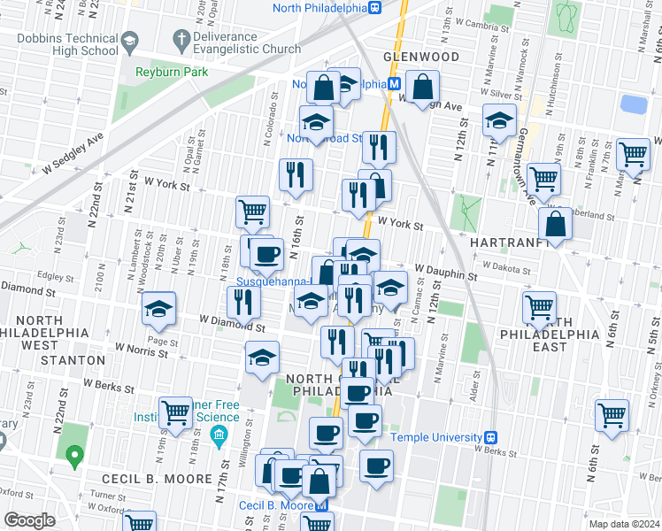 map of restaurants, bars, coffee shops, grocery stores, and more near 2221 North 15th Street in Philadelphia