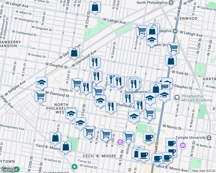 map of restaurants, bars, coffee shops, grocery stores, and more near 2139 North Uber Street in Philadelphia