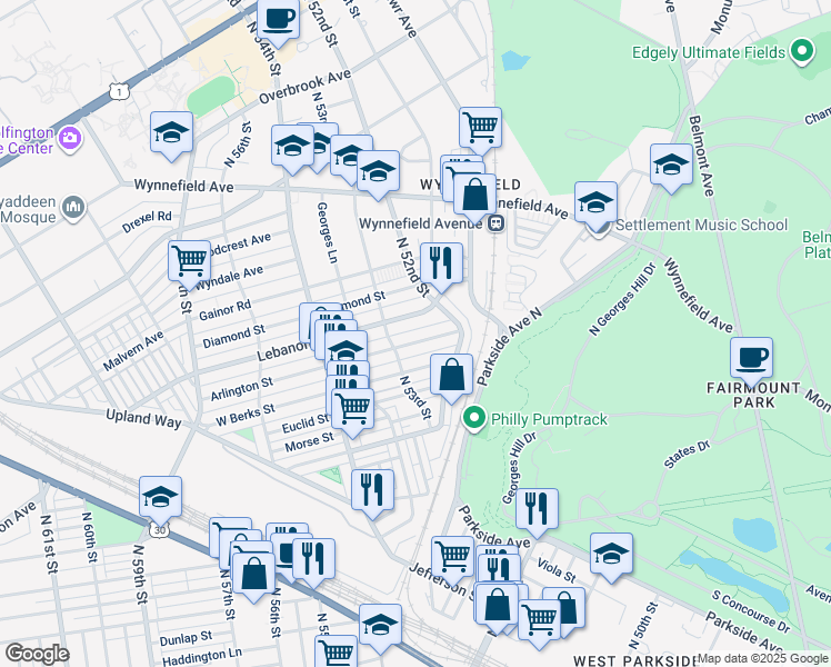 map of restaurants, bars, coffee shops, grocery stores, and more near 5249 Arlington Street in Philadelphia