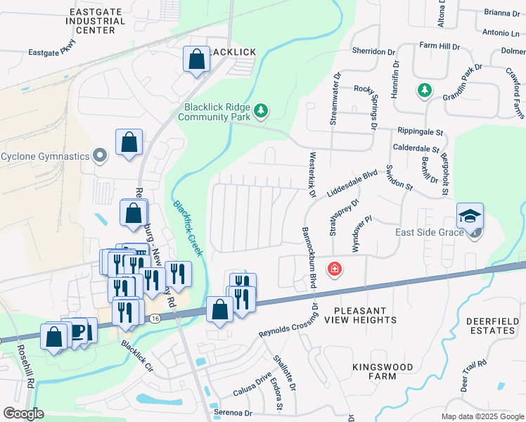 map of restaurants, bars, coffee shops, grocery stores, and more near 180 Macfalls Way in Blacklick