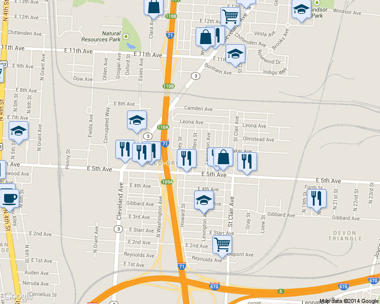 map of restaurants, bars, coffee shops, grocery stores, and more near 1087 Walters Street in Columbus