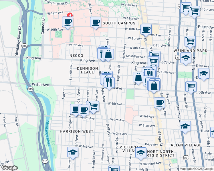 map of restaurants, bars, coffee shops, grocery stores, and more near in Columbus