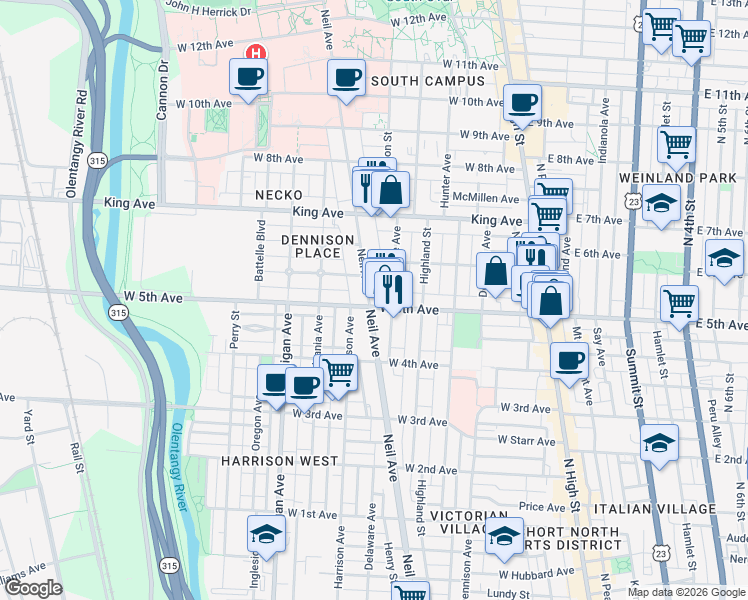 map of restaurants, bars, coffee shops, grocery stores, and more near 1250 Neil Avenue in Columbus