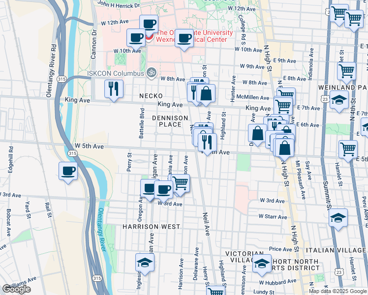 map of restaurants, bars, coffee shops, grocery stores, and more near 337 Vermont Place in Columbus