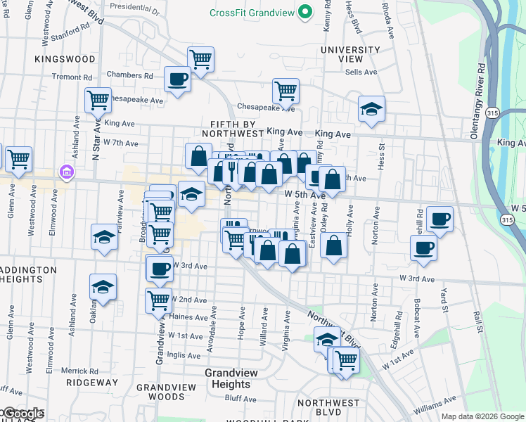 map of restaurants, bars, coffee shops, grocery stores, and more near 1393 Doten Avenue in Columbus