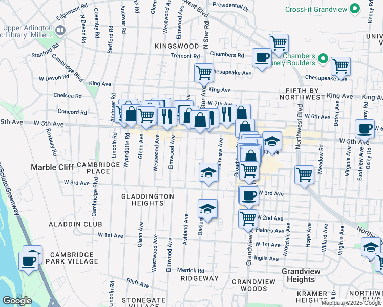 map of restaurants, bars, coffee shops, grocery stores, and more near 1461 Ashland Avenue in Columbus
