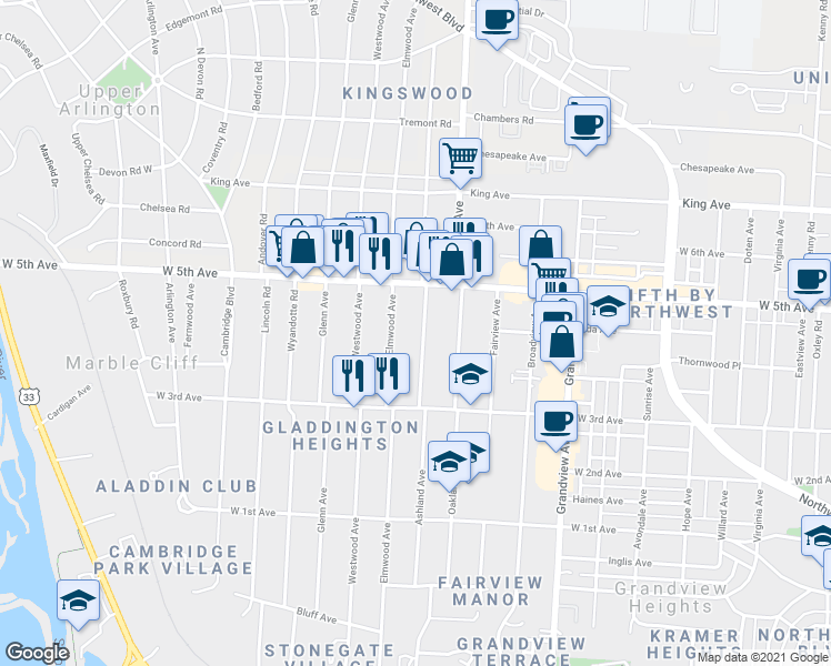 map of restaurants, bars, coffee shops, grocery stores, and more near 1461 Ashland Avenue in Columbus