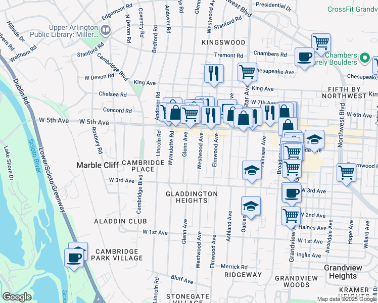 map of restaurants, bars, coffee shops, grocery stores, and more near 1481 Westwood Avenue in Columbus