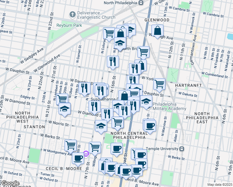 map of restaurants, bars, coffee shops, grocery stores, and more near 2246 North Sydenham Street in Philadelphia