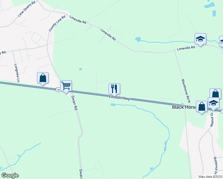 map of restaurants, bars, coffee shops, grocery stores, and more near 46 Newlin Road in Parkesburg