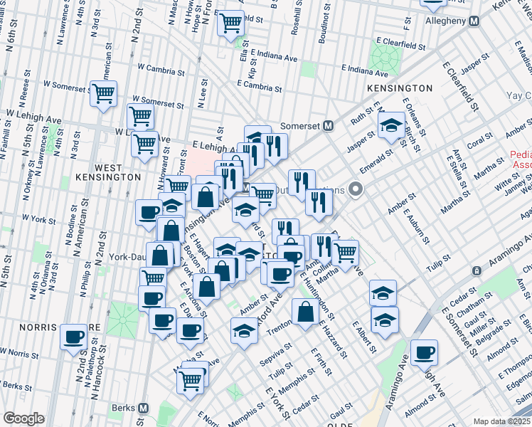 map of restaurants, bars, coffee shops, grocery stores, and more near 1909 East Huntingdon Street in Philadelphia