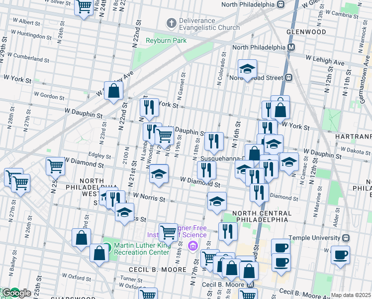 map of restaurants, bars, coffee shops, grocery stores, and more near 2215 North Gratz Street in Philadelphia