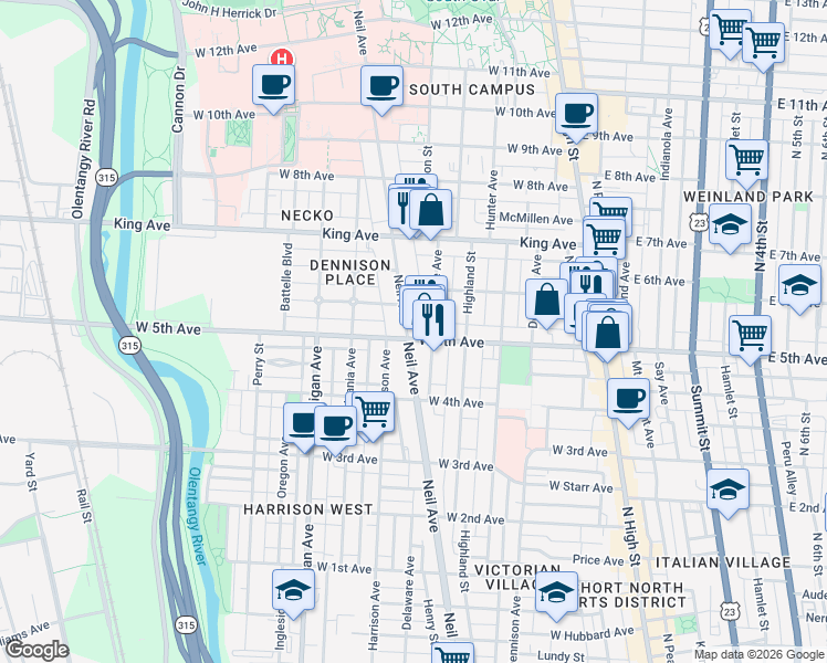 map of restaurants, bars, coffee shops, grocery stores, and more near 1250 Neil Avenue in Columbus