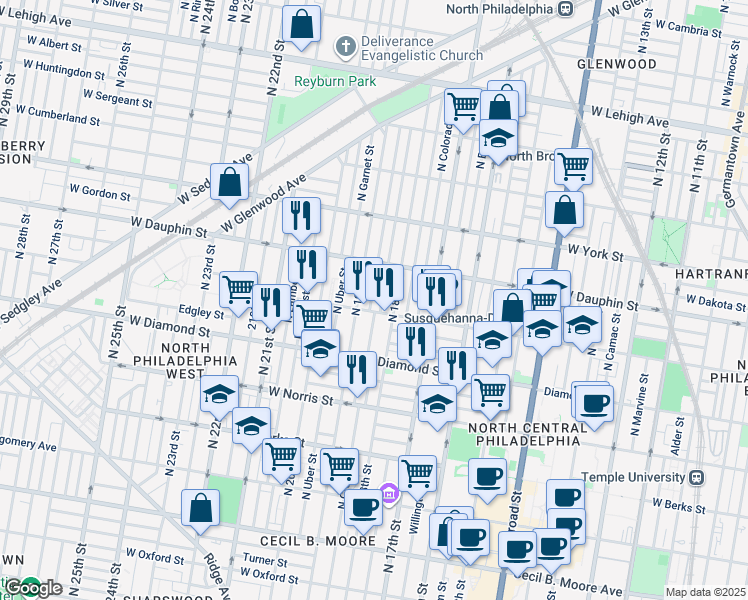 map of restaurants, bars, coffee shops, grocery stores, and more near 2215 North Gratz Street in Philadelphia