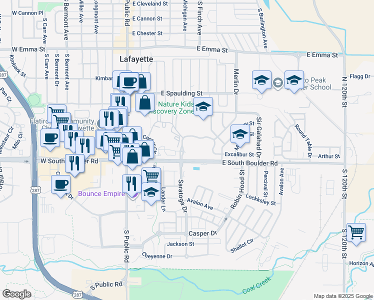 map of restaurants, bars, coffee shops, grocery stores, and more near 601 Merlin Drive in Lafayette