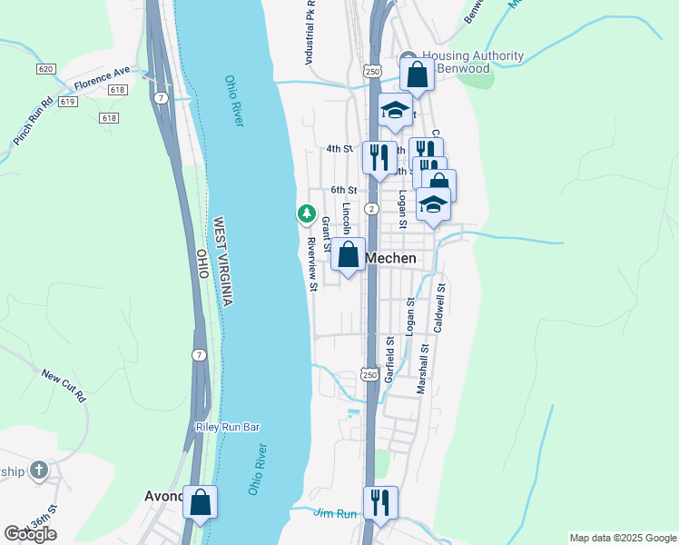 map of restaurants, bars, coffee shops, grocery stores, and more near Sandy Ave in McMechen