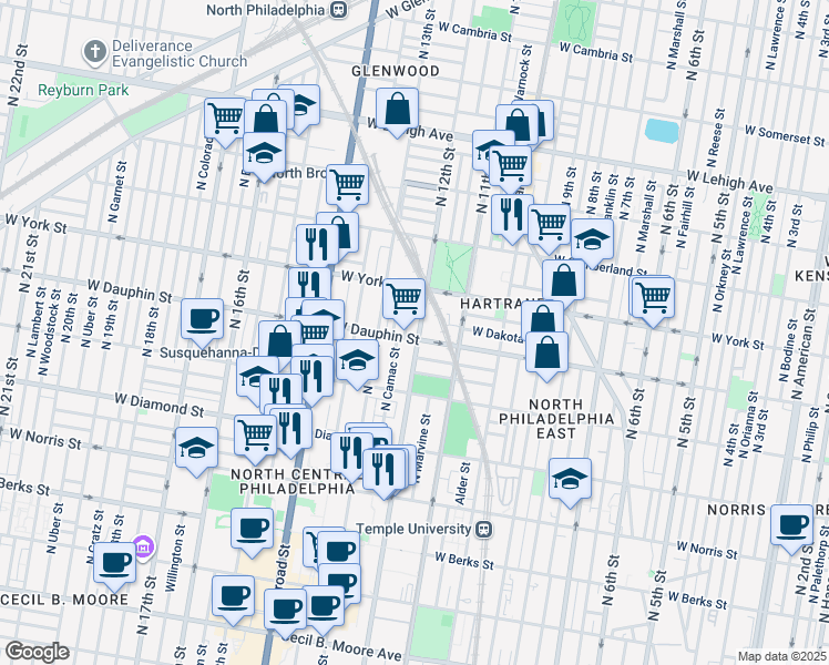 map of restaurants, bars, coffee shops, grocery stores, and more near 2306 North 12th Street in Philadelphia